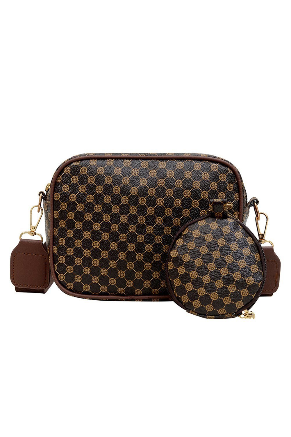 Coffee Checkered Print Pu Leather Shoulder Bag With Coin Wallet