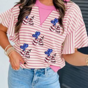 Sachet Pink Striped Sequin Usa Flag Inspire Balloon Dog Patched  Ruffled Short Sleeve Top