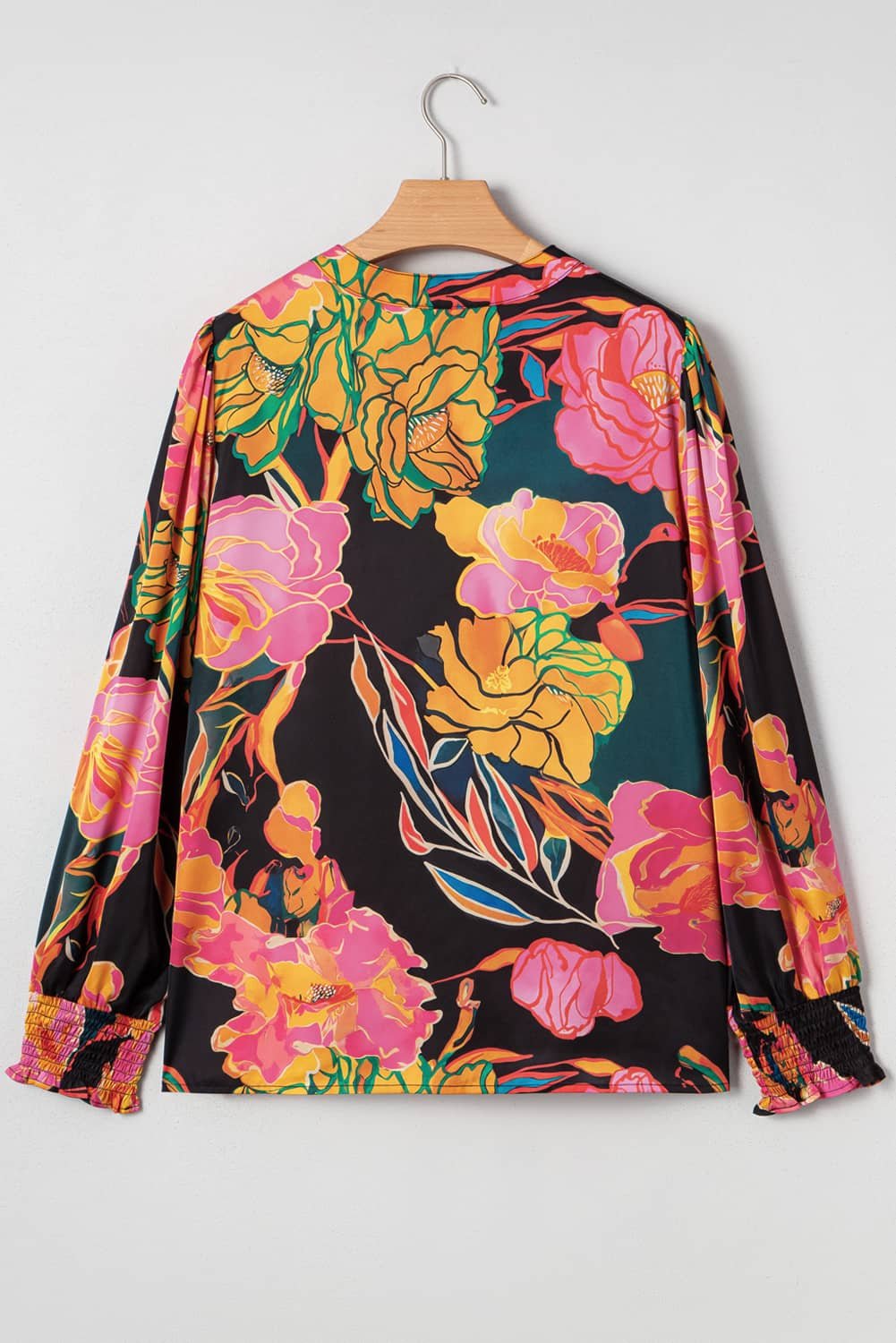 Black Floral Print Smocked Cuffs Puff Sleeve V Neck Blouse