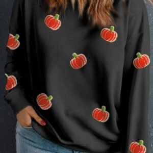 Black Chenille Pumpkin Patched Drop Shoulder Plus Size Sweatshirt