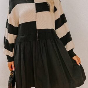 Black Stripe Two In One Knitted Top High Waist Splicing Hem Sweater Dress