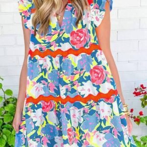 Sky Blue Floral Printed V Notched Ric Rac Flutter Sleeve Dress