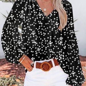 Black Floral Print V Neck Long Puff Sleeve Top