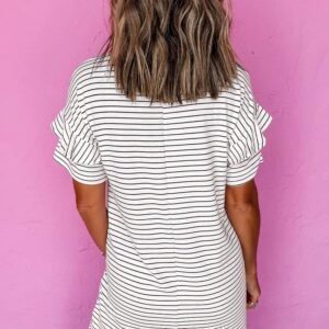 White Stripe Ruffled Short Sleeve Crew Neck T Shirt Shift Mini Dress