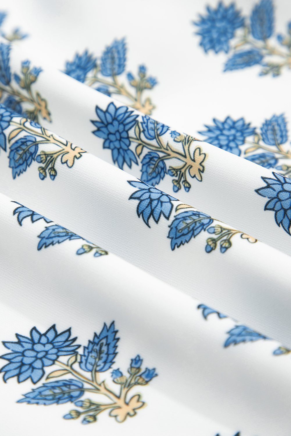 Sky Blue Floral Puff Sleeve Tied Neck Pocketed Mini Dress