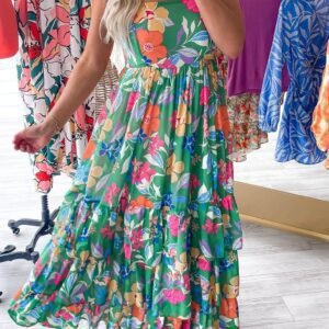 Green Floral Print Sleeveless Ruffle Tiered Maxi Dress