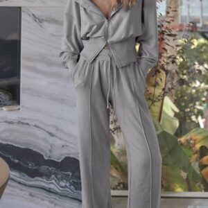 Gray Double Zipper Hooded Jacket And Sweatpants Active Set