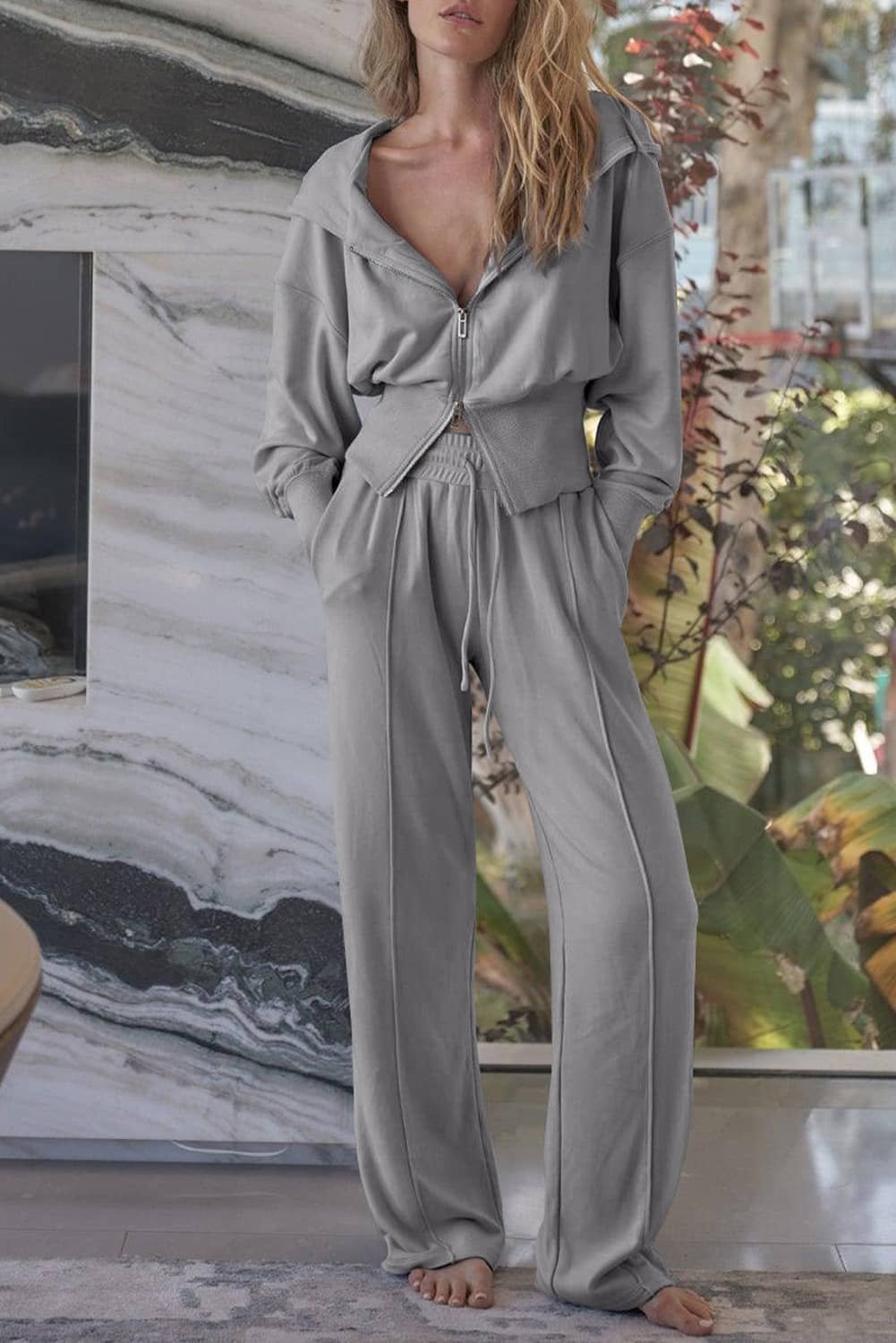 Gray Double Zipper Hooded Jacket And Sweatpants Active Set