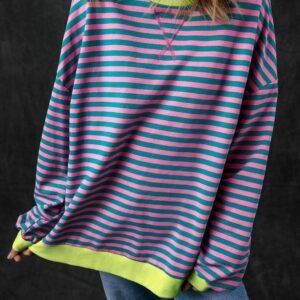 Green Stripe Oversized Contrast Trim Pullover Sweatshirt