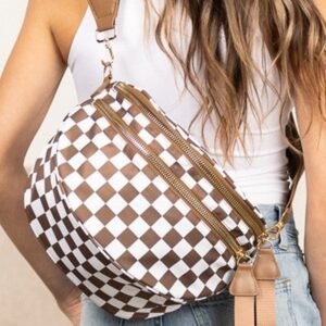 Chestnut Checkered Print Wide Strap Large Crossbody Bag