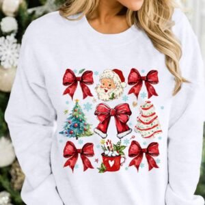 Beige Christmas Tree Bowknot Santa Clause Graphic Holiday Sweatshirt