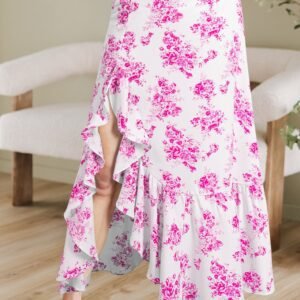 Rose Boho Floral High Waist Ruffle Split Maxi Skirt