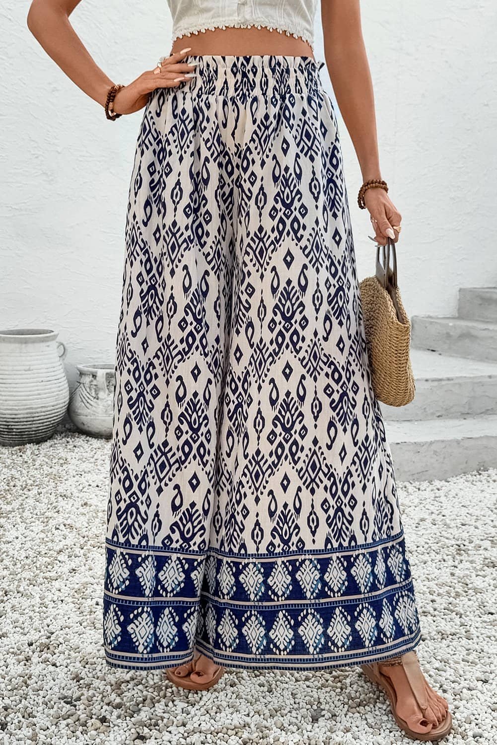 Blue Boho Pattern Print High Waist Wide Leg Loose Pants