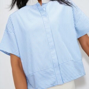 Sky Blue Stripe Contrast Collar Patchwork Hidden Button Short Sleeve Summer Shirt