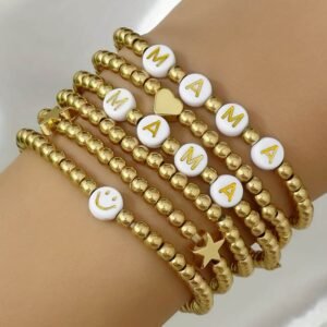 Gold 6Pcs Mama Heart Star Shape Beaded Bracelet Set