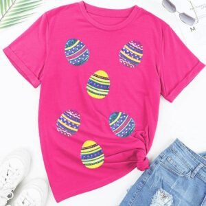 Rose Red Sequin Easter Egg Graphic Casual T Shirt