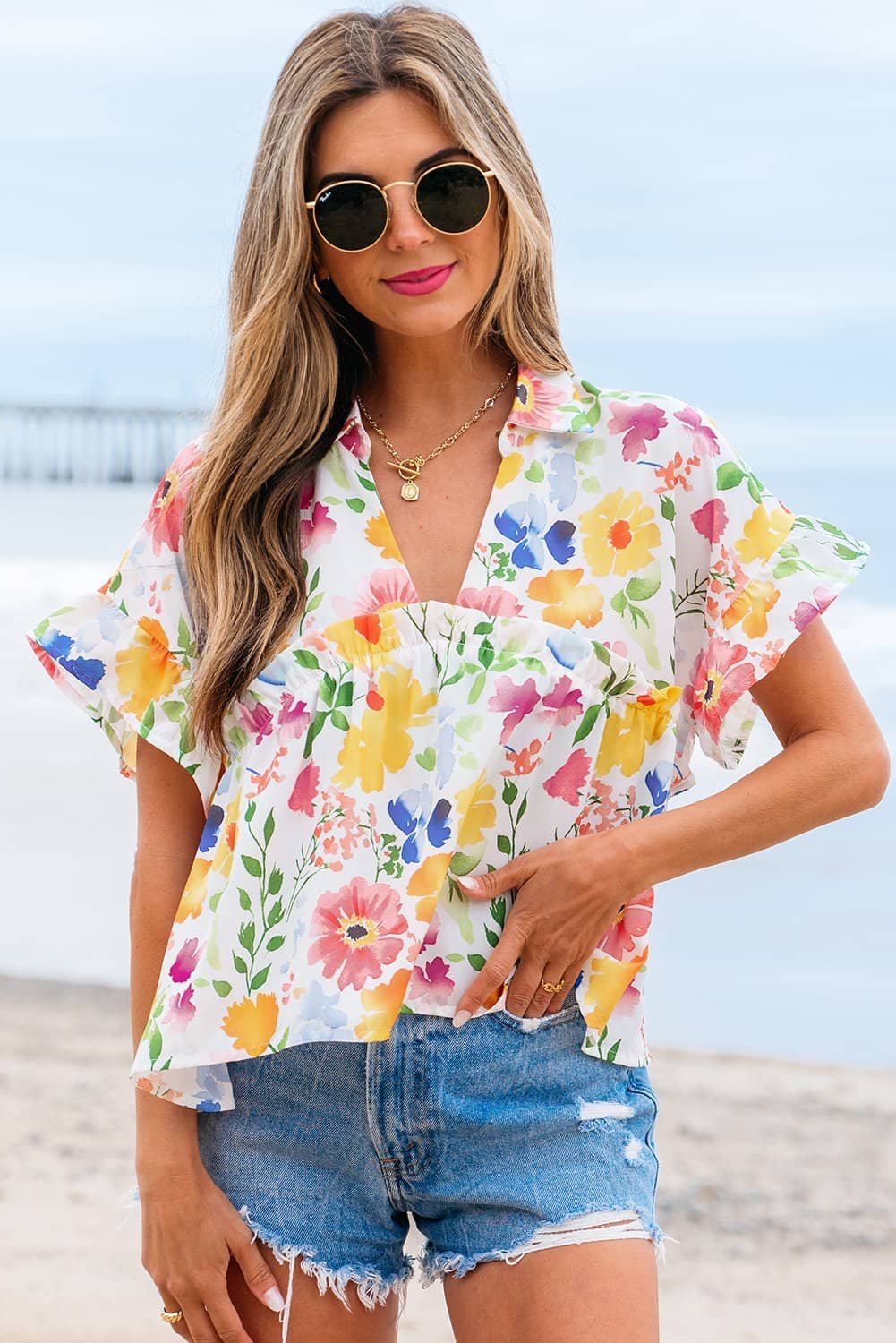 Yellow Floral Boxy Fit Ruffled Short Sleeve V Neck Blouse