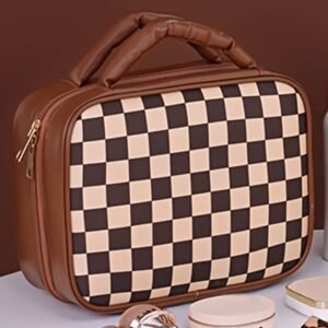 Black Checkered Multiple Compartments Pu Leather Cosmetic Bag