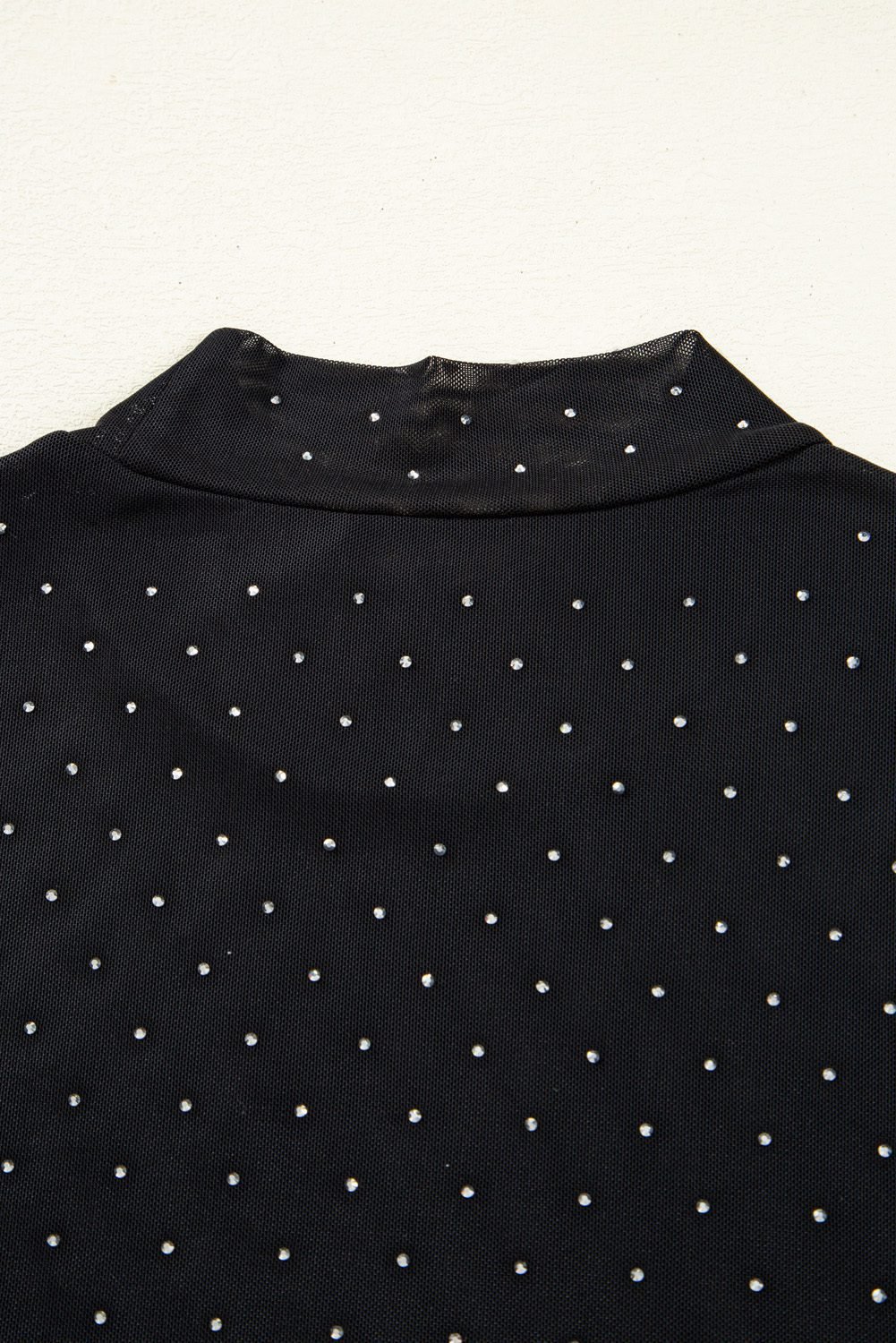 Black Rhinestone Embellished Mesh Long Sleeve Top