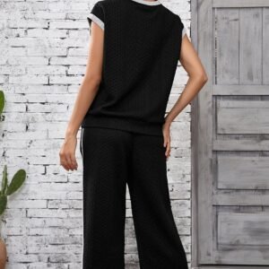 Black Cable Knit Contrast Trim Short Sleeve Top And Pants Set