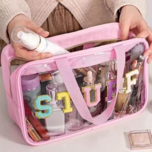 Pink Stuff Glitter Chenille Patched Transparent Makeup Bag