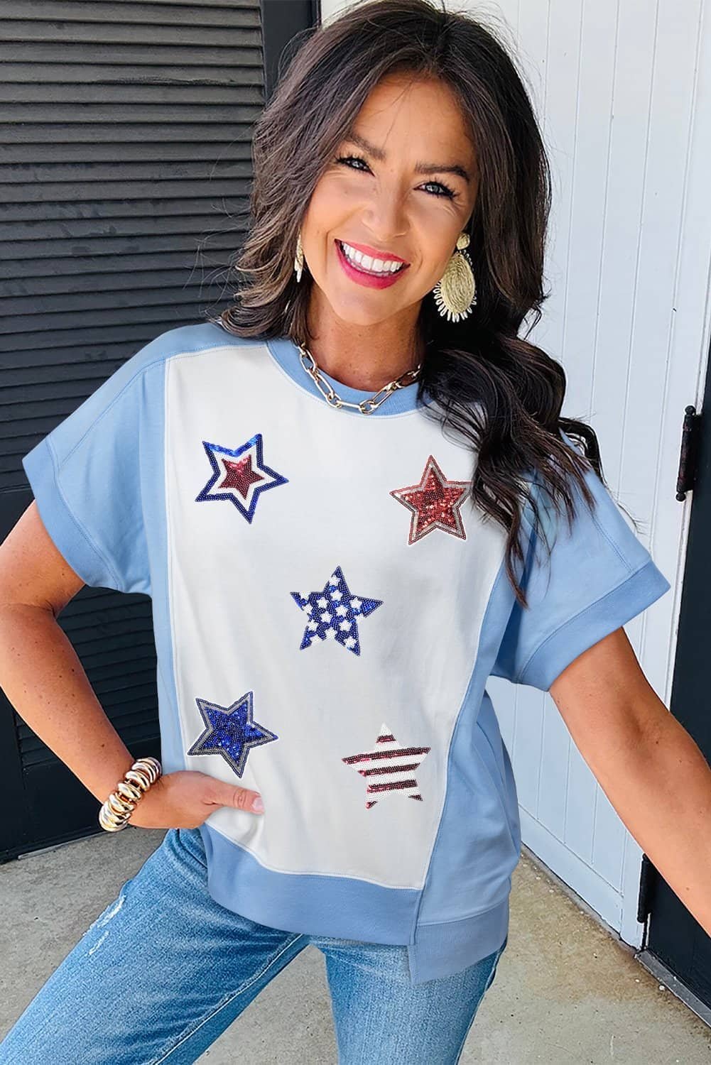Sky Blue Patriotic Star Patched Colorblock T Shirt