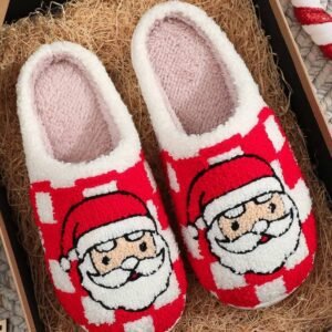 Fiery Red Checkered Santa Claus Graphic Plush Home Slippers