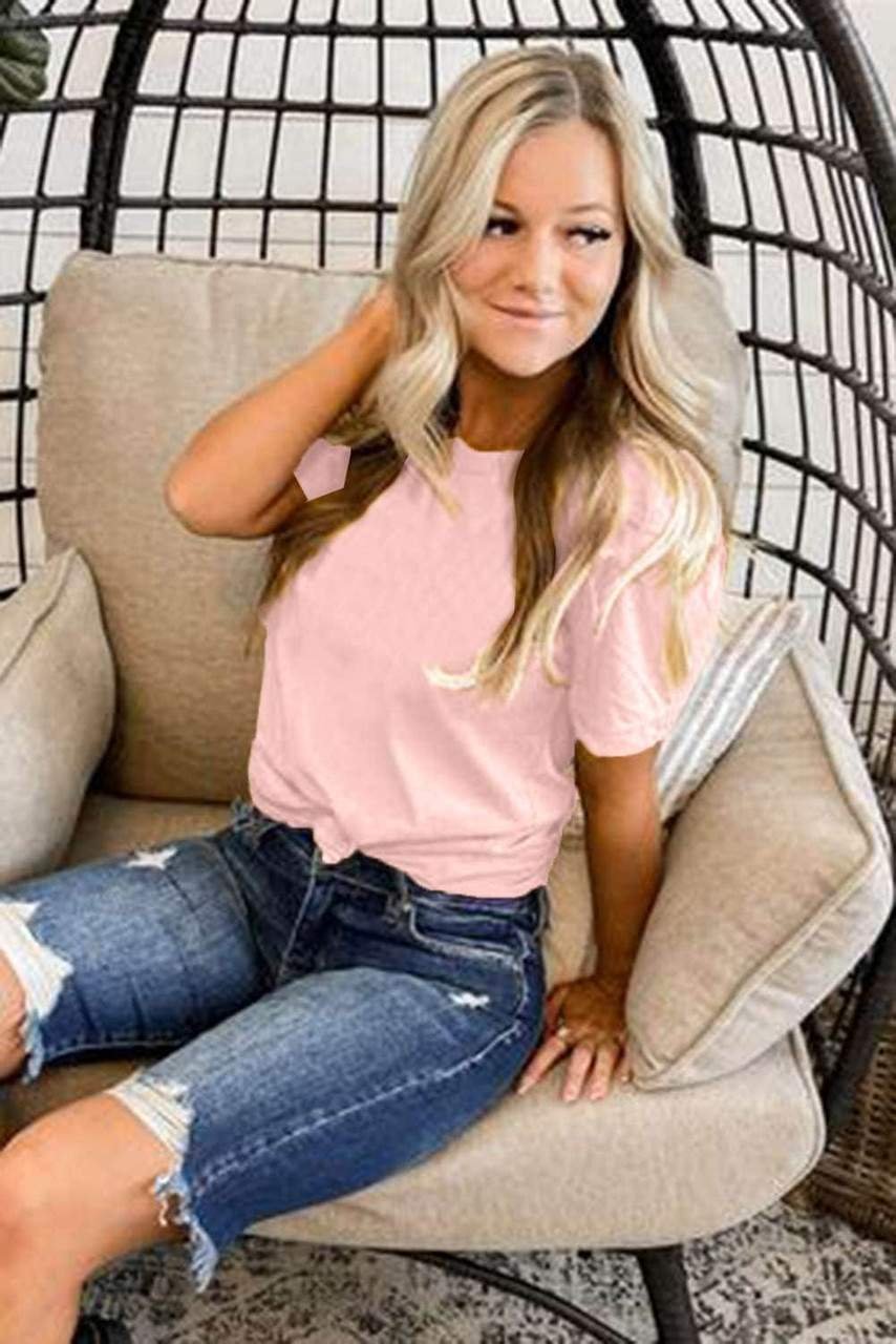 Pink Solid Color Crew Neck Tee - Image 3