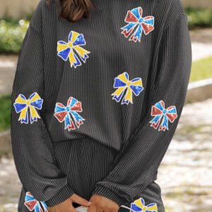 Carbon Grey Colorful Sequin Bow Patched Long Sleeve Top And Shorts Twisted Rib 2Pcs Outfit