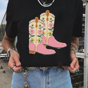 Black Floral Cowgirl Boots Cotton Blend T Shirt