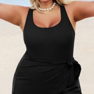 Black Solid Color Square Neck Knotted Plus Size One Piece Swimsuit