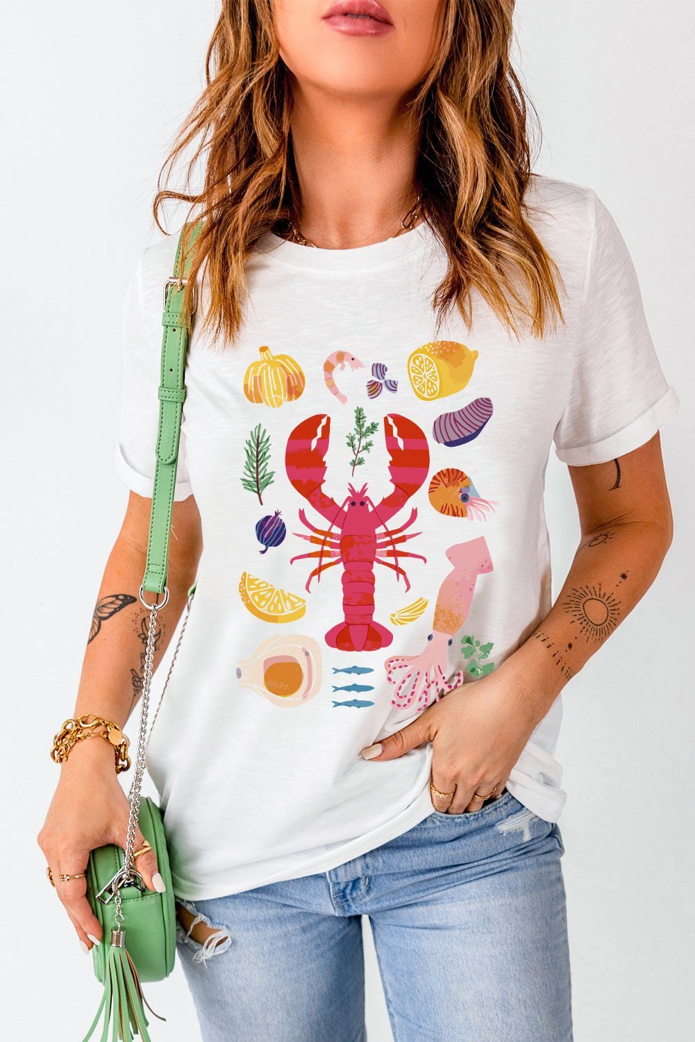 White Crawfish Food Ingredient Graphic Crewneck Tee
