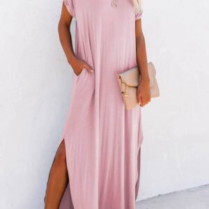 Pink V Neck Hidden Pocket Splits Maxi T-Shirt Dress