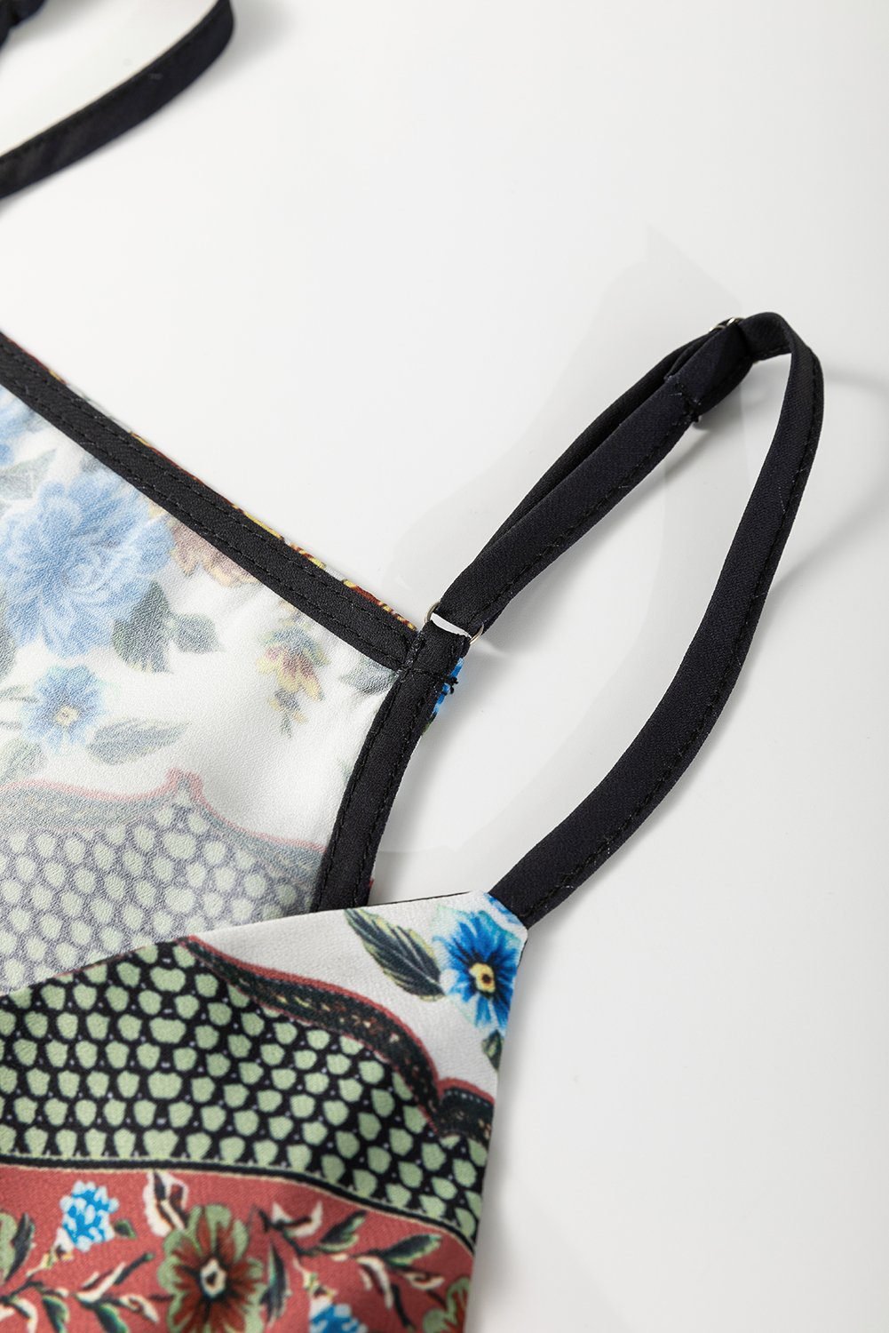 Red Mixed Floral Chevron Pattern Dip Hem Spaghetti Straps Tank