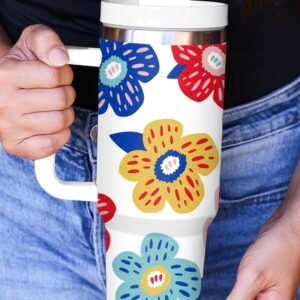 White Flower Pattern Stainless Vacuum Cup With Handle 40Oz
