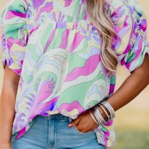 Green Abstract Print Bubble Sleeve Smock Detail Blouse