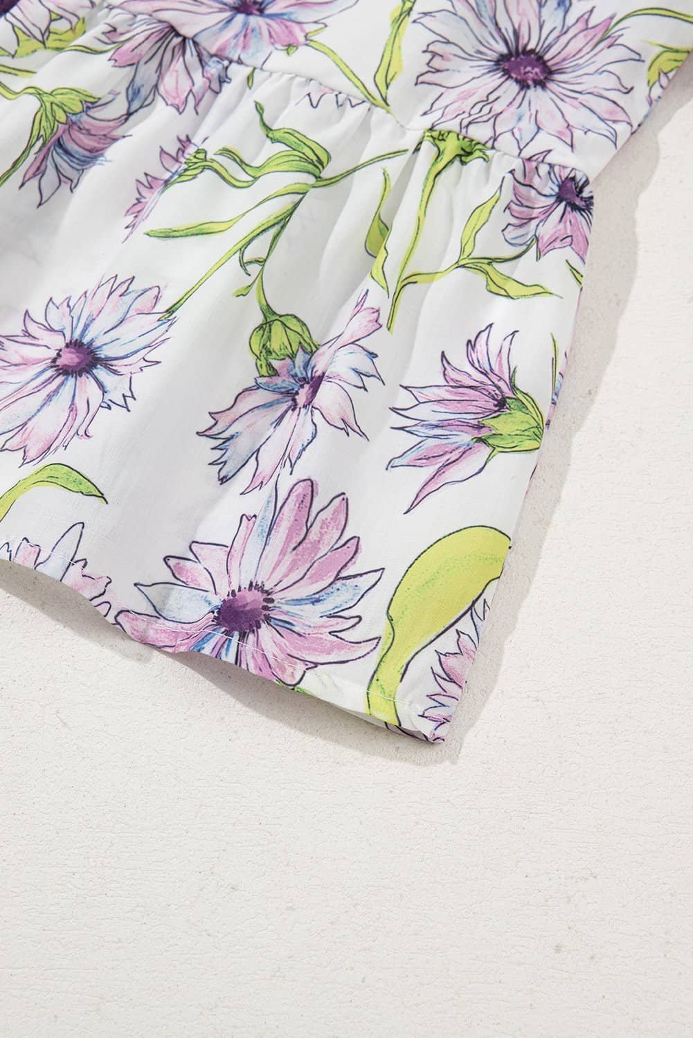 Purple Floral Print Striped Detail Split Neck Flounce Short Sleeve Peplum Blouse