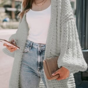 Gray Chunky Oversize Knit Drop Shoulder Puff Sleeve Cardigan