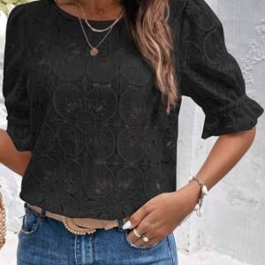 Black Flower Eyelet Jacquard Keyhole Flounce Sleeve Top