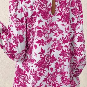 Rose Floral Print Flounce Sleeve Keyhole Back Blouse