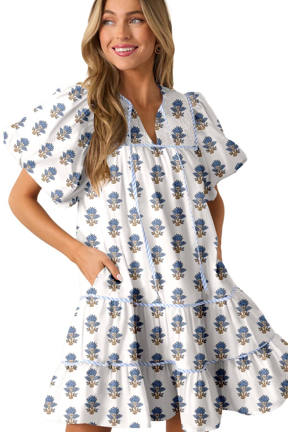 Sky Blue Floral Puff Sleeve Tied Neck Pocketed Mini Dress