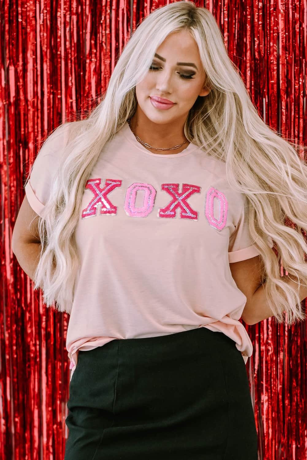 Pink Valentines Shiny Xoxo Graphic T-Shirt
