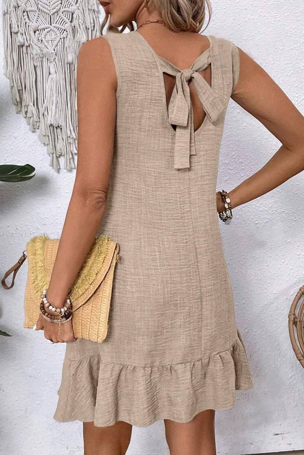 Smoke Gray Knot Scoop Back Ruffle Hem Sleeveless Mini Dress
