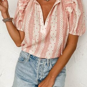 Red Frilled Short Puff Sleeve Mixed Print Blouse