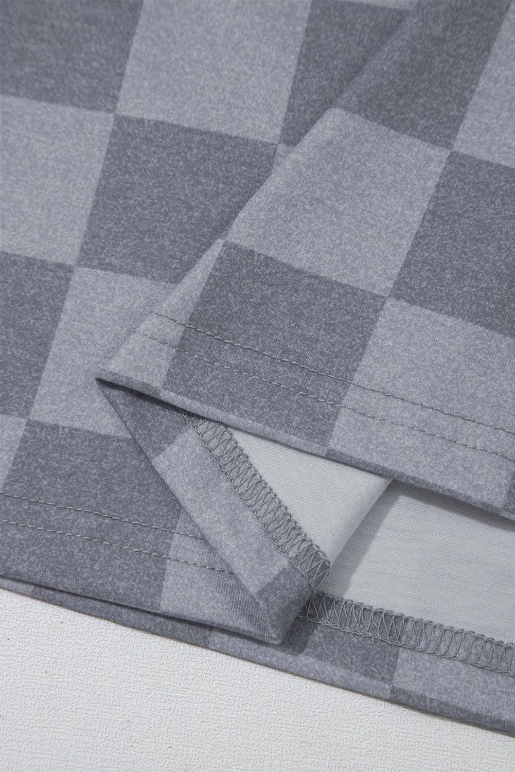 Gray Checkered V Neck Tee Drawstring Shorts Lounge Set