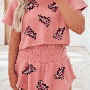 Blossom Sequined Lobster Patched Crop Tee And High Waist Short Set