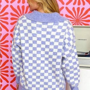 Purple Checkered Collared Buttons Plus Size Sweater