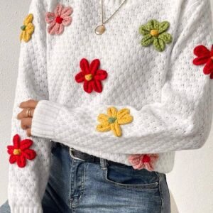 White Colorful Flower Applique Textured Knit Sweater