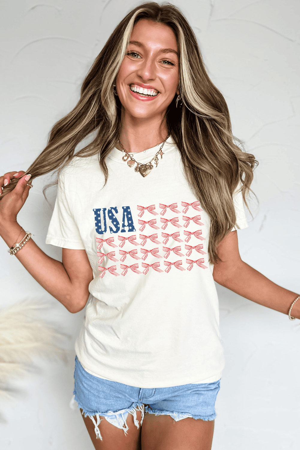 White Usa Flag Bow Knot Print Round Neck T Shirt