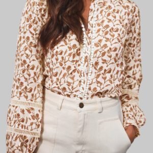 Khaki Printed Lace Detail Floral Puff Sleeve Fall Shirt